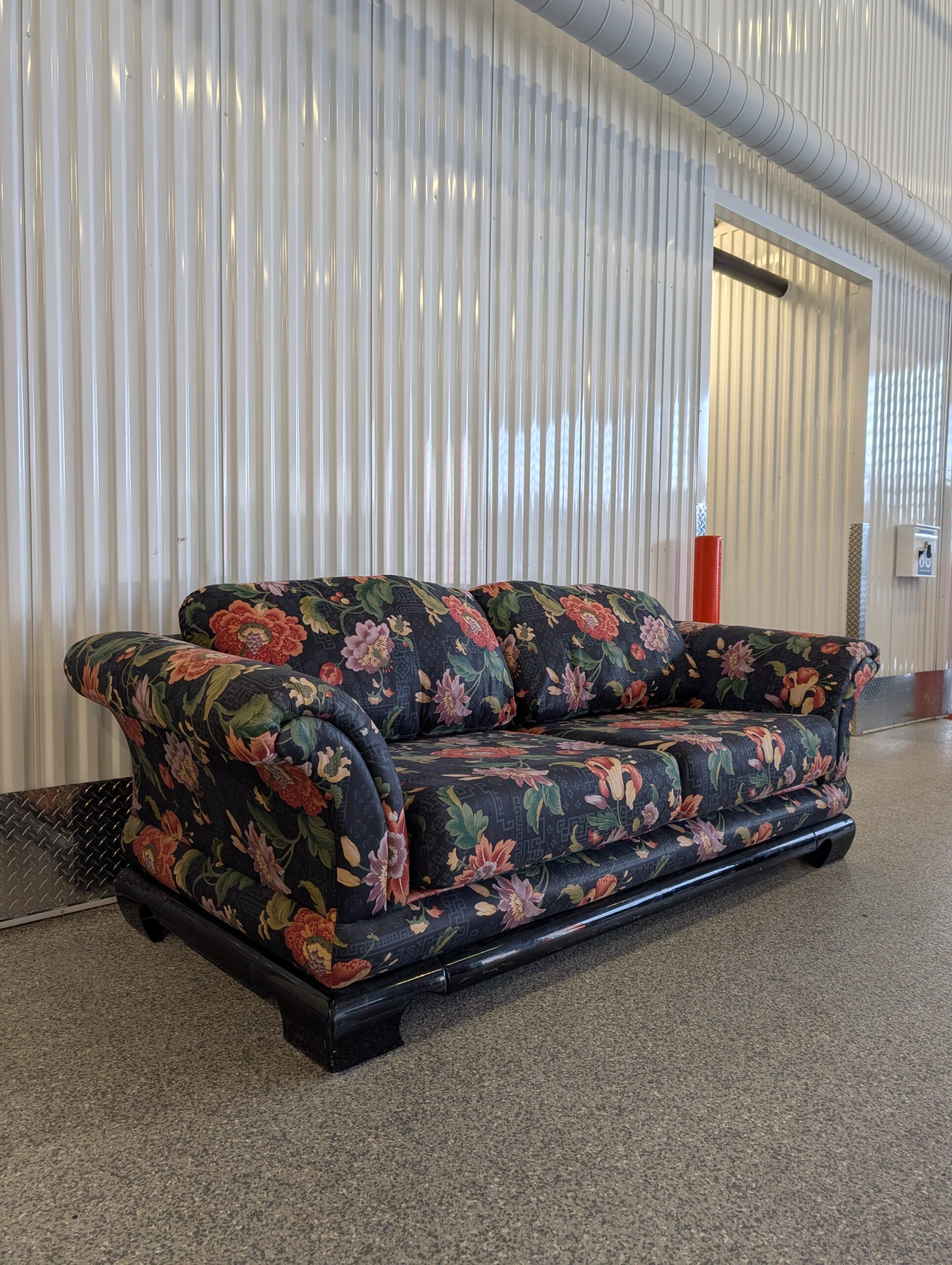 $200 – Vintage Floral Upholstered Sofa with Black Lacquer Base