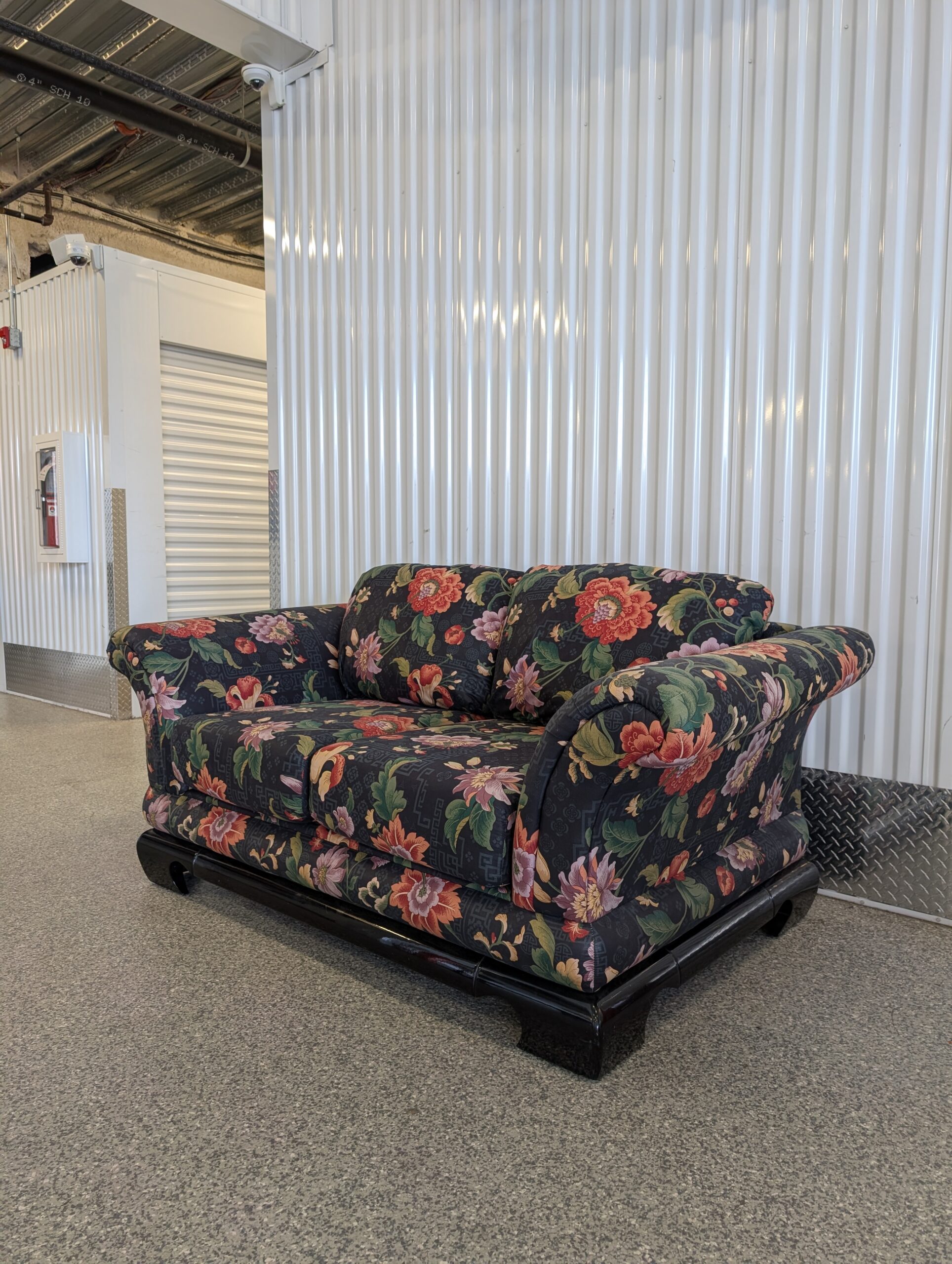 $200 – Vintage Floral Loveseat with Black Lacquer Base