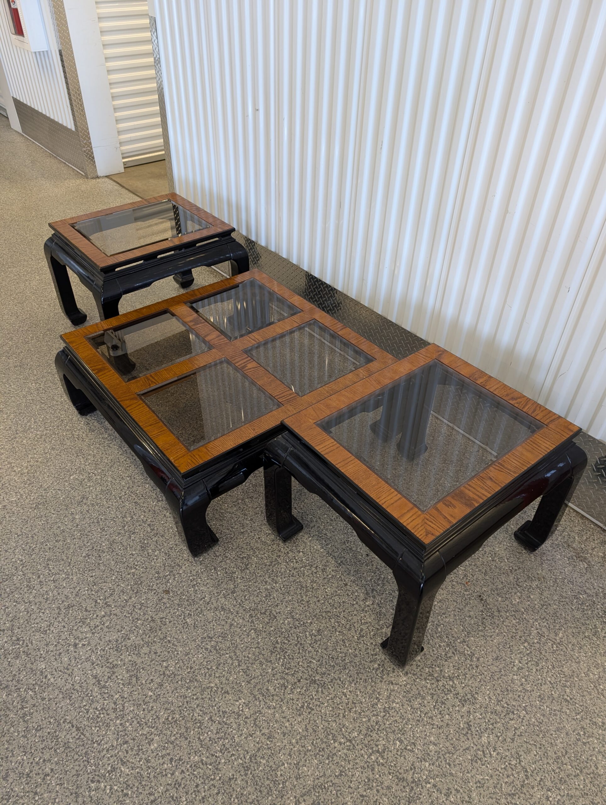 $200 – Vintage Asian-Inspired Coffee Table & Side Table Set with Black Lacquer Base