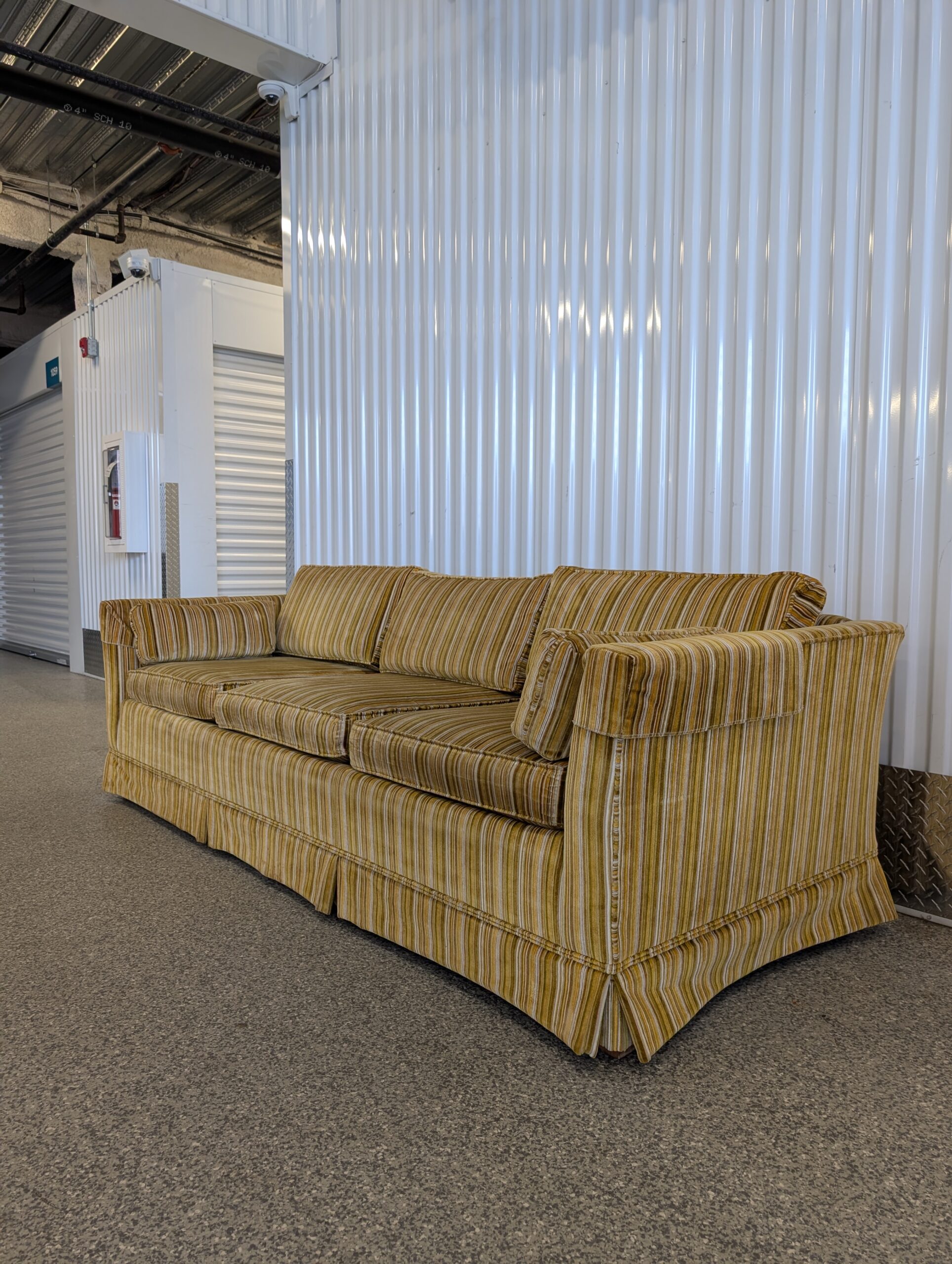$600 – Vintage Broyhill 1970s Striped Velour Sofa — Classic Skirted Frame, Retro Mustard & Olive Tones