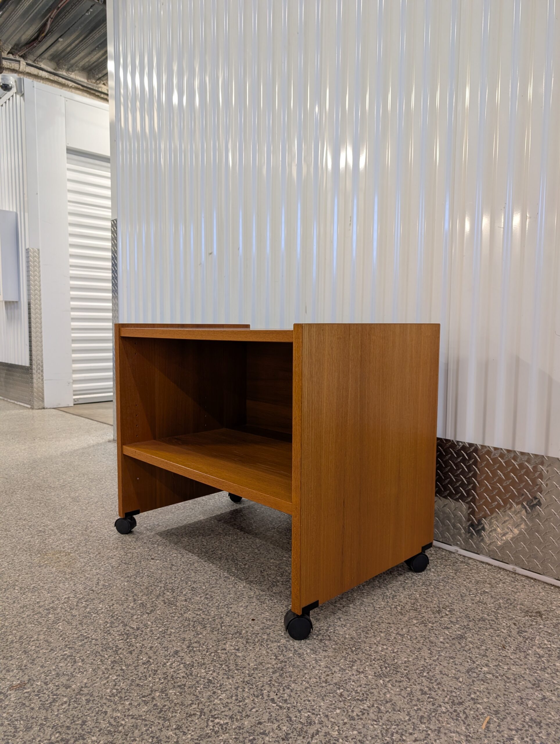 $200 – Vintage Teak Storage Cabinet on Casters, Adjustable Shelf
