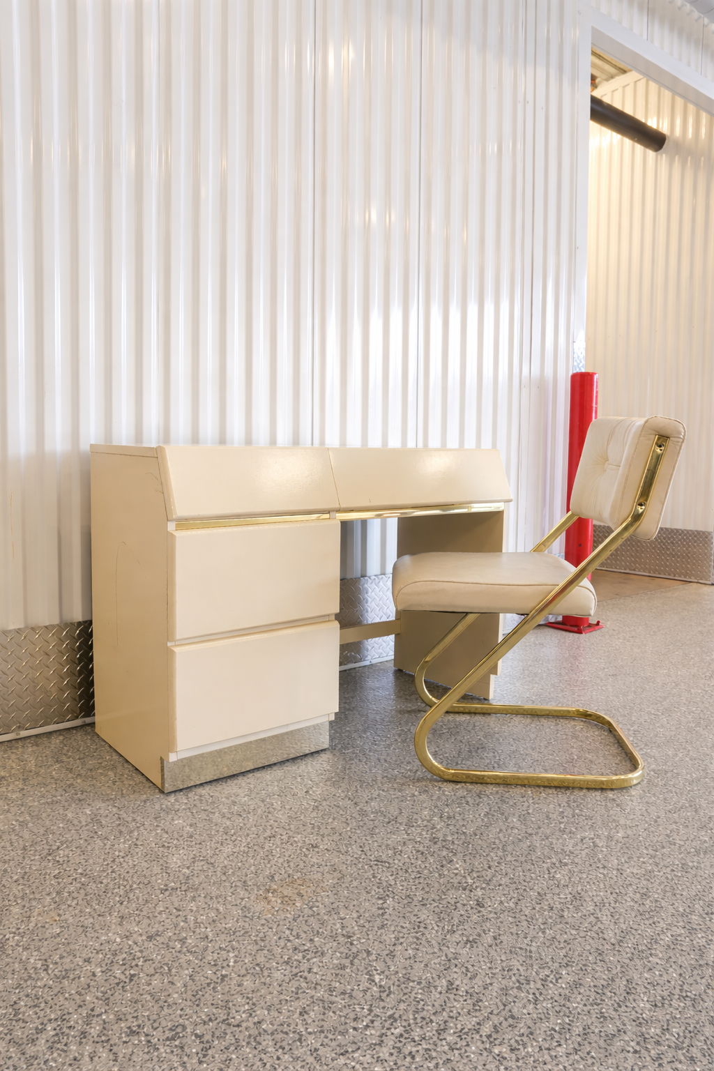 $250 – Vintage Post-Modern Cream Colored Writing Desk with Brass Accents, Matching Chair